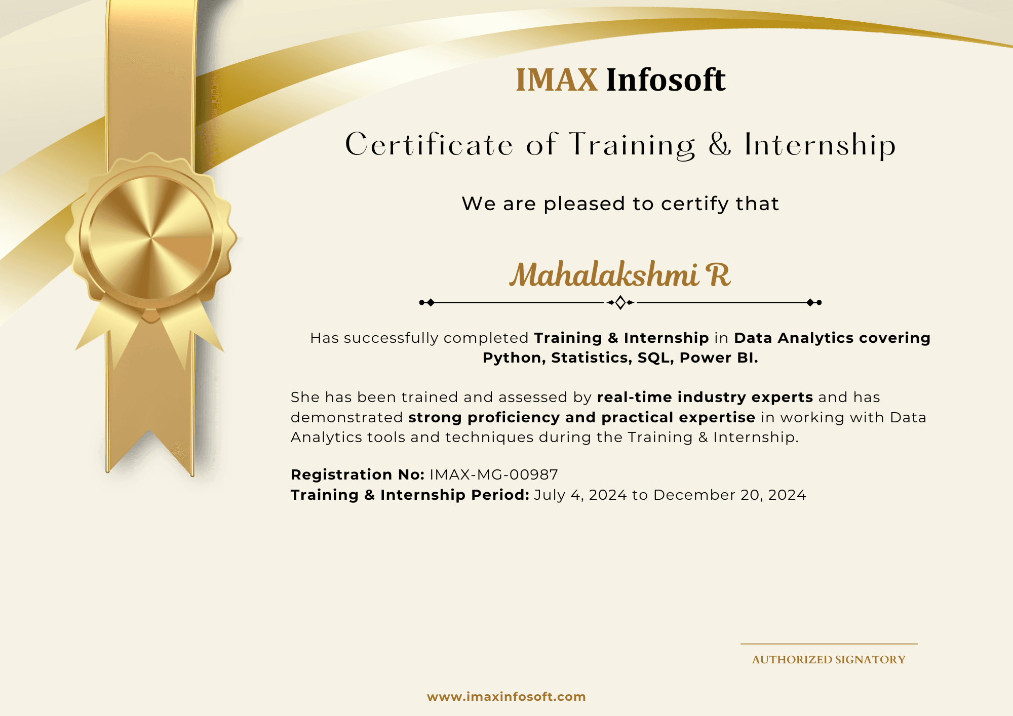 IMAX Infosoft completion certificate from the October 2025 batch, sample 5