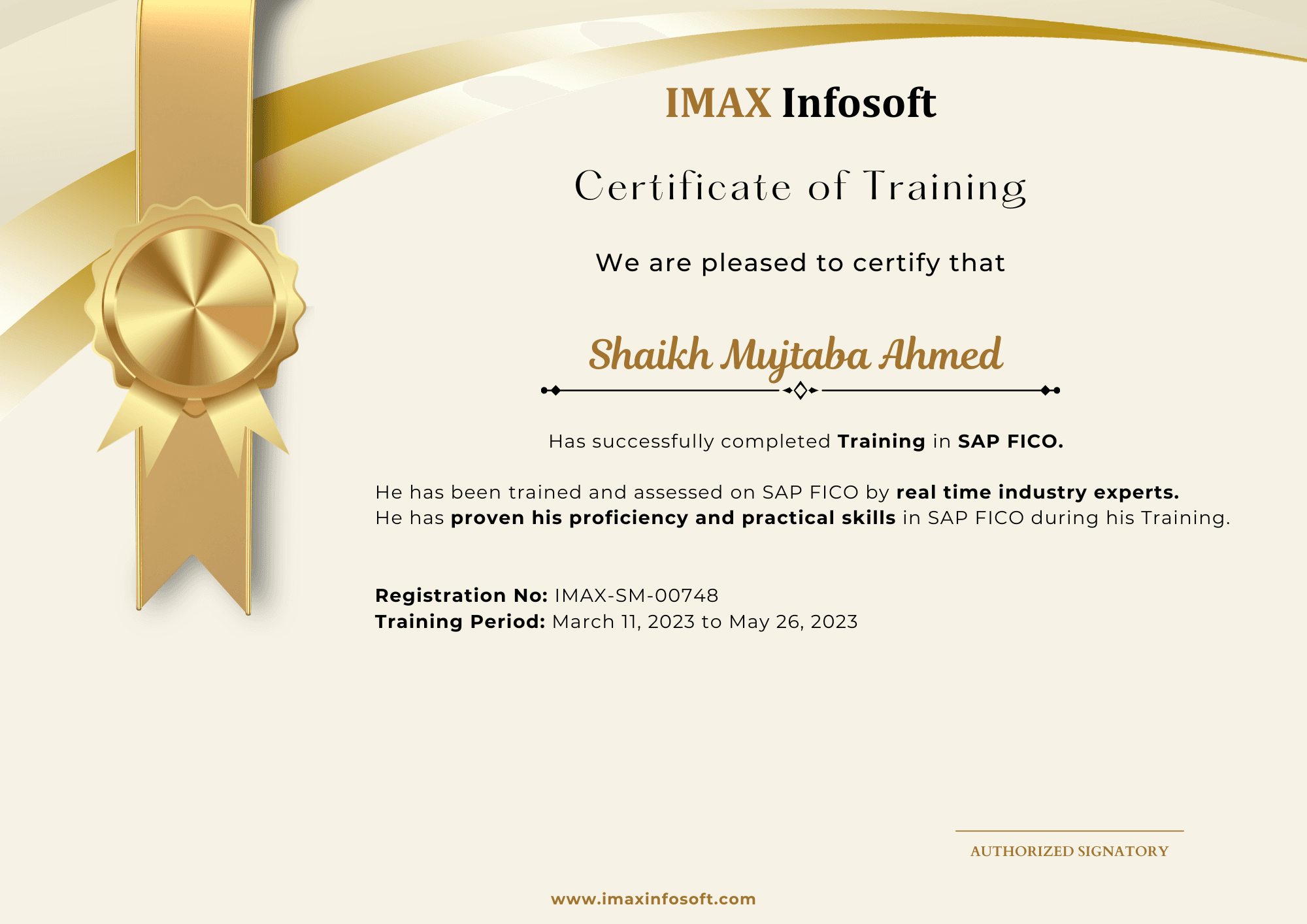 IMAX Infosoft completion certificate from the October 2025 batch, sample 9