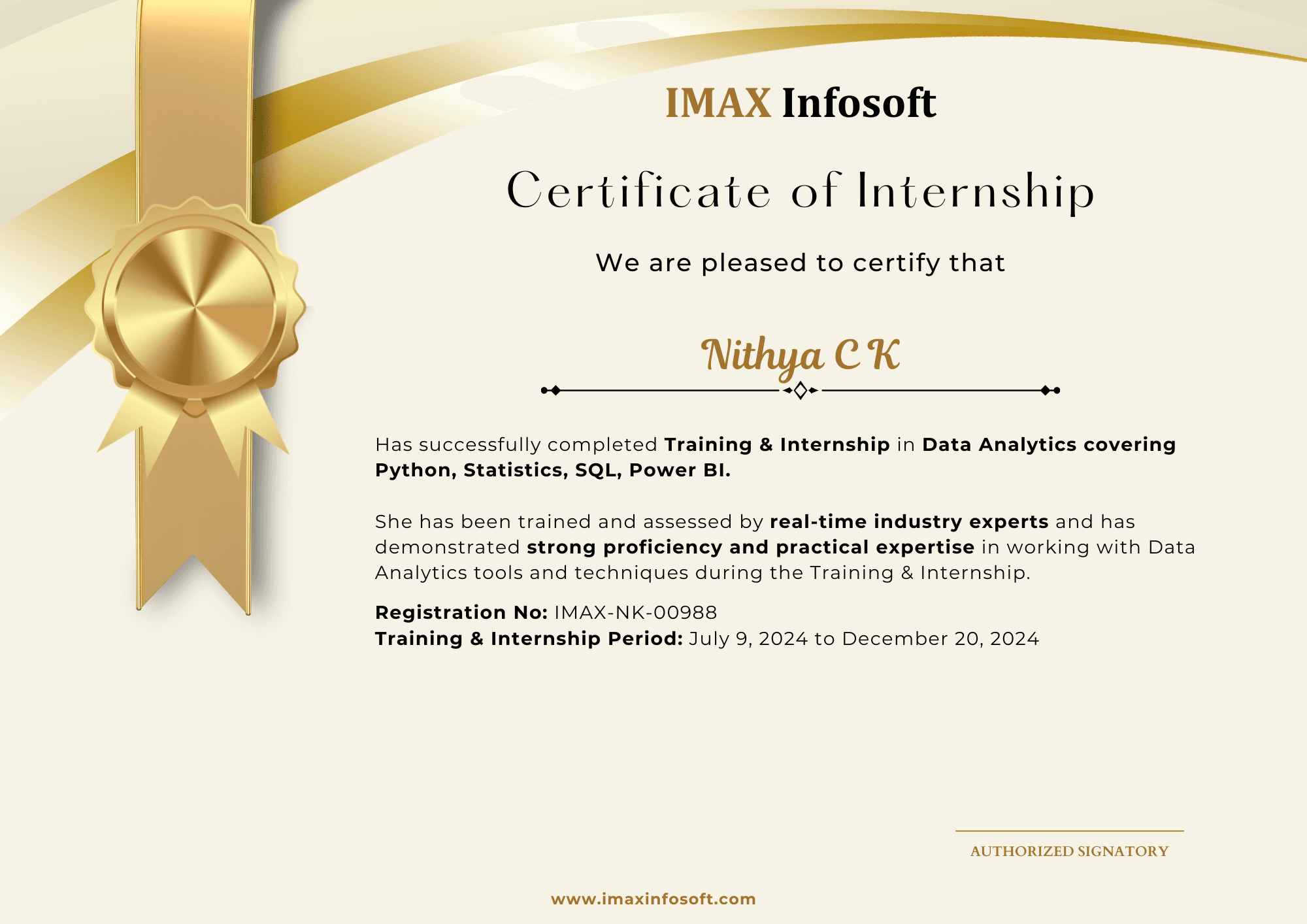 IMAX Infosoft completion certificate from the June 2026 batch, sample 10