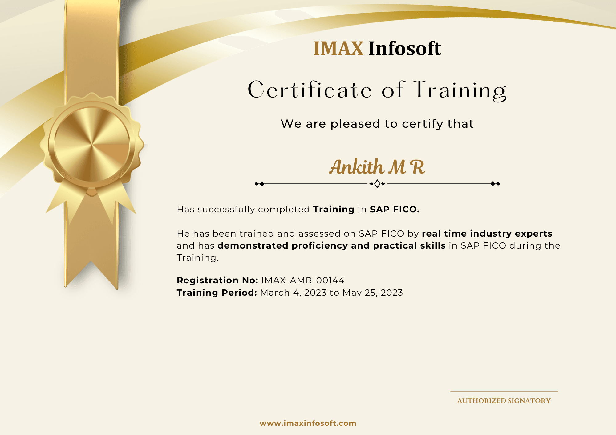 IMAX Infosoft completion certificate from the June 2026 batch, sample 3