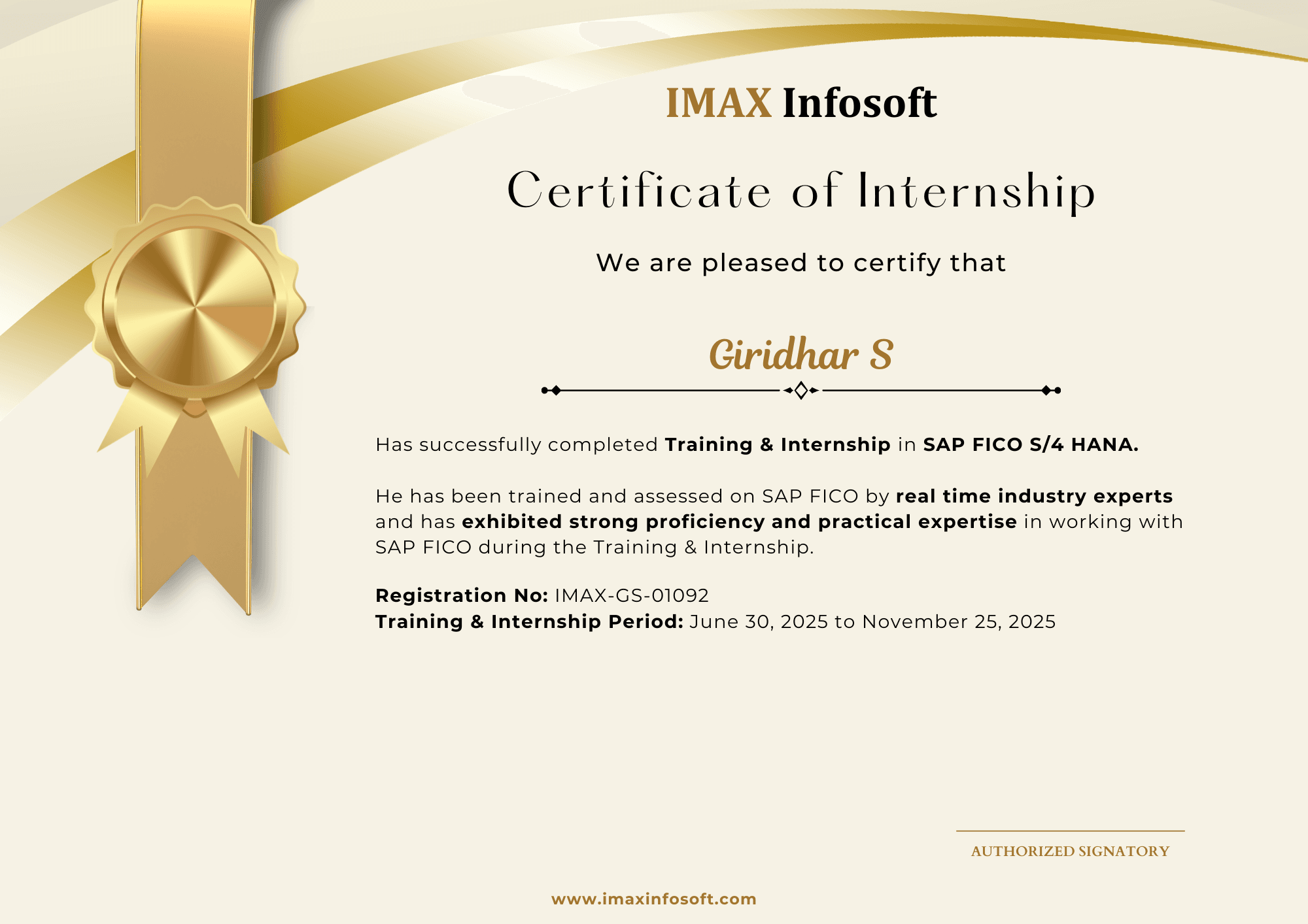 IMAX Infosoft completion certificate from the June 2026 batch, sample 8